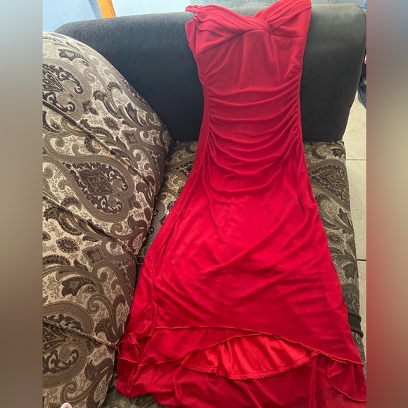 Red Ruched Ruffled High Low Gown - Picture 6 of 6